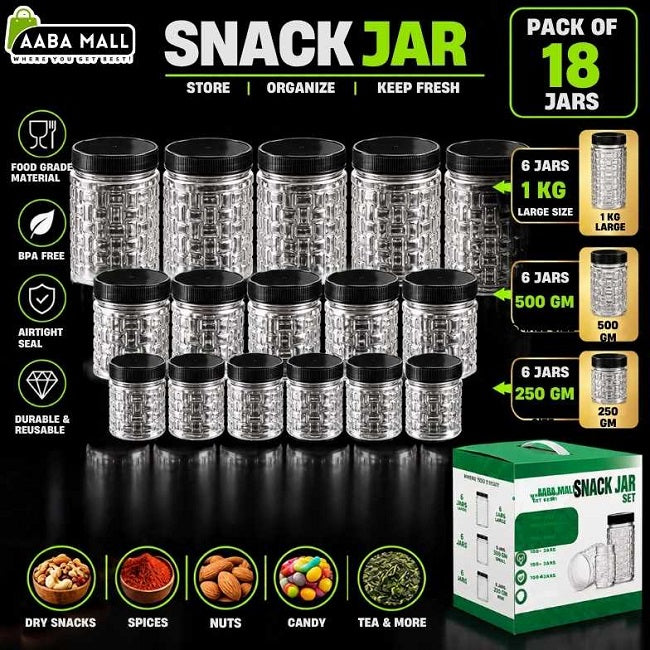 Pack of 18 transparent snack jars with black lids, including 6 jars of 1KG, 6 jars of 500GM and 6 jars of 250GM for kitchen storage, spices, dry snacks and nuts