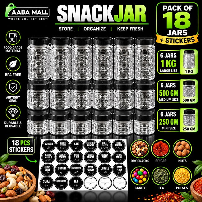 Pack of 18 transparent snack jars with black lids and stickers, including 6 jars of 1KG, 6 jars of 500GM and 6 jars of 250GM for kitchen storage, spices, dry snacks and nuts