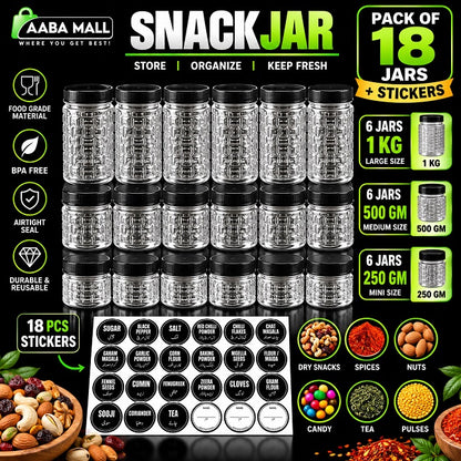Pack of 18 transparent snack jars with black lids and stickers, including 6 jars of 1KG, 6 jars of 500GM and 6 jars of 250GM for kitchen storage, spices, dry snacks and nuts