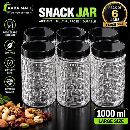 Pack of 6 transparent 1KG large snack jars with black lids for storing dry snacks, nuts, spices and pantry food