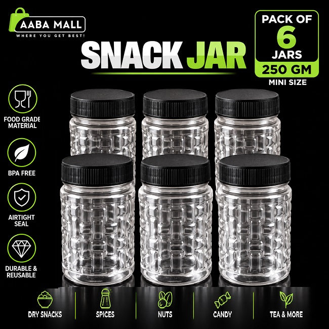 Pack of 6 transparent 250GM mini snack jars with black lids for storing dry snacks, nuts, spices and pantry food