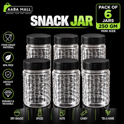 Pack of 6 transparent 250GM mini snack jars with black lids for storing dry snacks, nuts, spices and pantry food