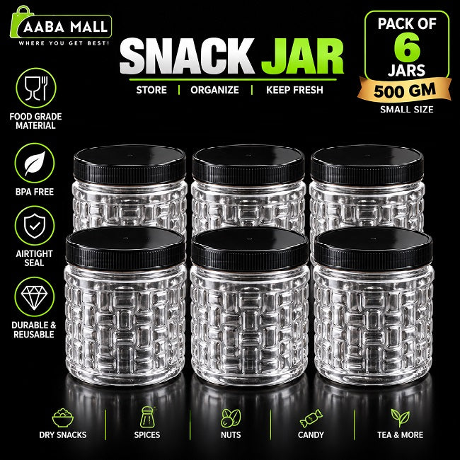 Pack of 6 transparent 500GM small snack jars with black lids for storing dry snacks, nuts, spices and pantry food