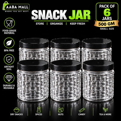 Pack of 6 transparent 500GM small snack jars with black lids for storing dry snacks, nuts, spices and pantry food
