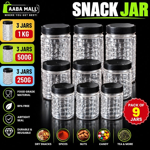 Pack of 9 transparent snack jars with black caps, including 3 jars of 1KG, 3 jars of 500GM and 3 jars of 250GM for kitchen storage, spices, dry snacks and nuts