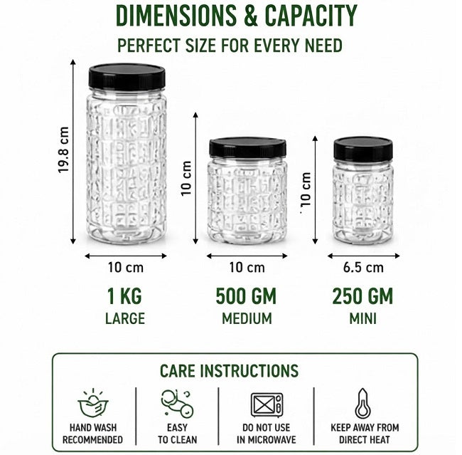 AabaMall Size Comparison of Premium Airtight Plastic Snack Jars (1KG, 500GM & 250GM) with Black Lids | BPA-Free Food Grade Kitchen Storage Containers for Rashan, Plastic Dabbay, Masala, Daal, Chawal, Cheeni, Dry Fruits & Snacks | Cash on Delivery (COD) Available Across Pakistan at AabaMall.pk