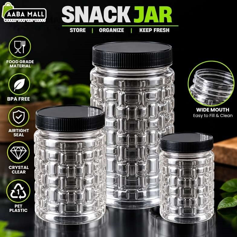Transparent snack jar with black lid for kitchen storage, spices, dry fruits, nuts and pantry organization
