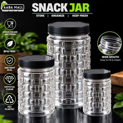 Transparent snack jar with black lid for kitchen storage, spices, dry fruits, nuts and pantry organization