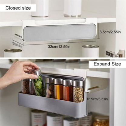 White plastic under shelf spice rack organizer, shown adhered beneath a kitchen cabinet shelf, neatly holding several rows of small spice jars with clear labels.