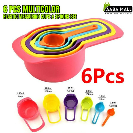 6 piece multicolor plastic measuring cups and spoons set, essential kitchen measuring tools for accurate cooking and baking ingredients