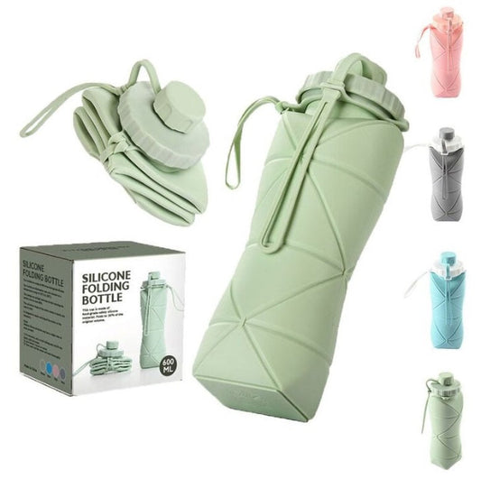 Collapsible folding silicone sports water bottle (600ml), portable BPA-free jug for travel, gym, and outdoor use