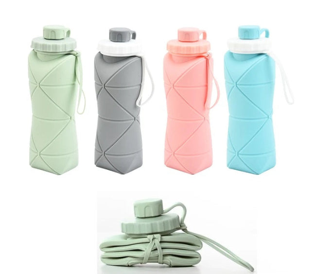 Collapsible folding silicone sports water bottle (600ml), portable BPA-free jug for travel, gym, and outdoor use