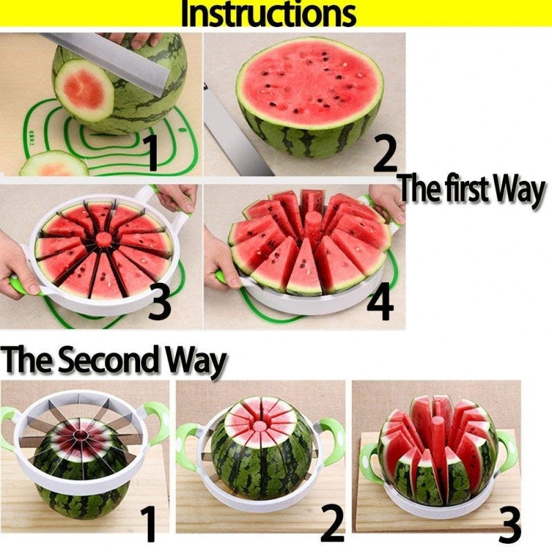 Stainless steel blades on watermelon slicer and cutter with safety guard