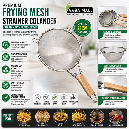 Stainless steel fine mesh oil strainer with wooden handle for frying and kitchen use