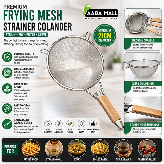 Stainless steel fine mesh oil strainer with wooden handle for frying and kitchen use
