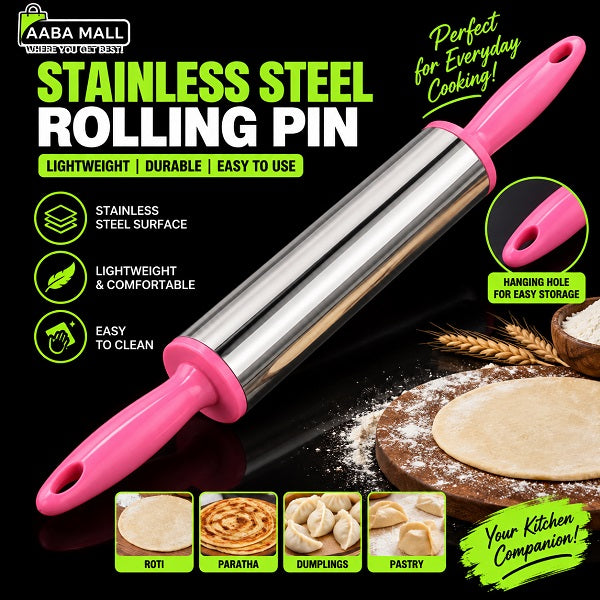 Stainless steel rolling pin with pink handles for roti paratha and baking