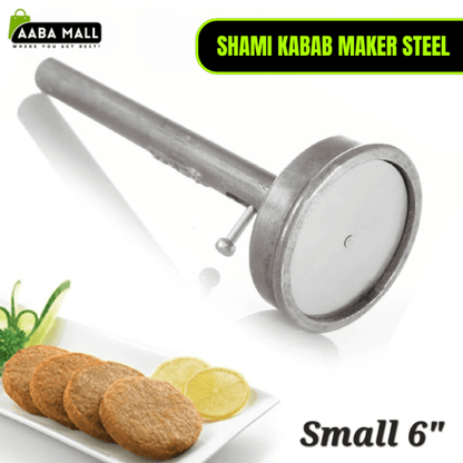 Stainless steel Shami Kabab Maker press tool with round homemade Shami Kababs and lemon slices on a white background