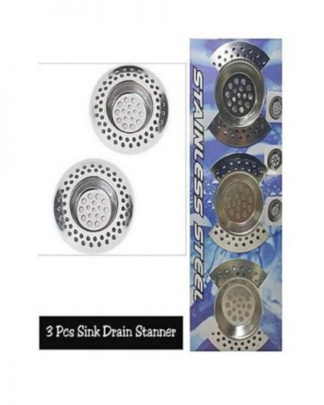 Set of three sink drain strainers with packaging on a white background