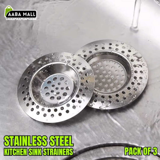 Two stainless steel kitchen sink strainers on a gray background with 'AABA MALL' branding.
