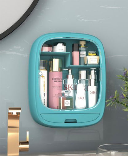 Wall-mounted cosmetic storage box with clear lid, hanging makeup organizer for bathroom and bedroom counter space saving