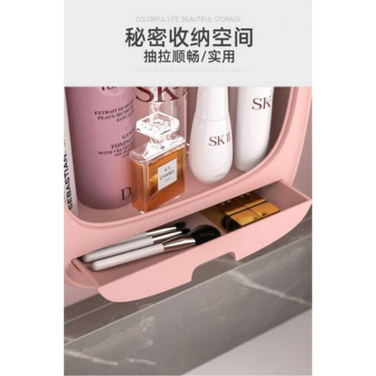 Wall-mounted cosmetic storage box with clear lid, hanging makeup organizer for bathroom and bedroom counter space saving