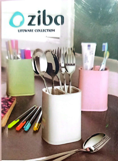 Multi-purpose plastic cutlery storage basket standing on a kitchen counter, holding spoons, forks, and knives in separate compartments, showing drainage holes.