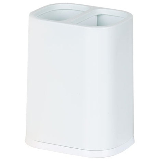 Multi-purpose plastic cutlery storage basket standing on a kitchen counter, holding spoons, forks, and knives in separate compartments, showing drainage holes.