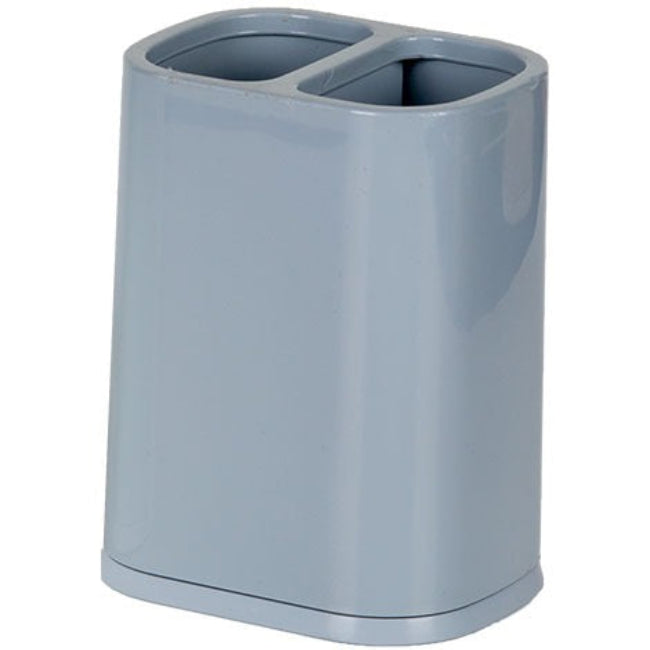 Multi-purpose plastic cutlery storage basket standing on a kitchen counter, holding spoons, forks, and knives in separate compartments, showing drainage holes.