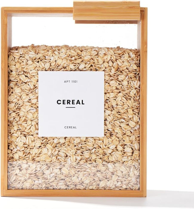 Close-up of a bamboo wooden rice and grain storage box with a fitted lid, shown filled with white rice, sitting on a kitchen pantry shelf.