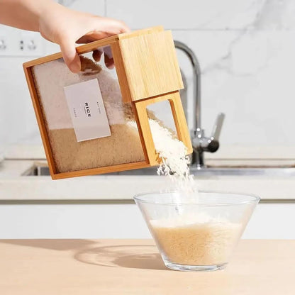 Close-up of a bamboo wooden rice and grain storage box with a fitted lid, shown filled with white rice, sitting on a kitchen pantry shelf.