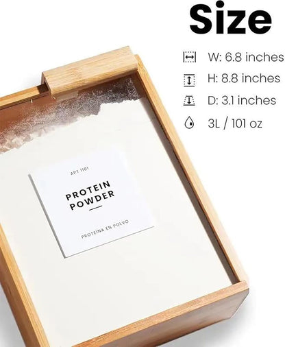 Close-up of a bamboo wooden rice and grain storage box with a fitted lid, shown filled with white rice, sitting on a kitchen pantry shelf.