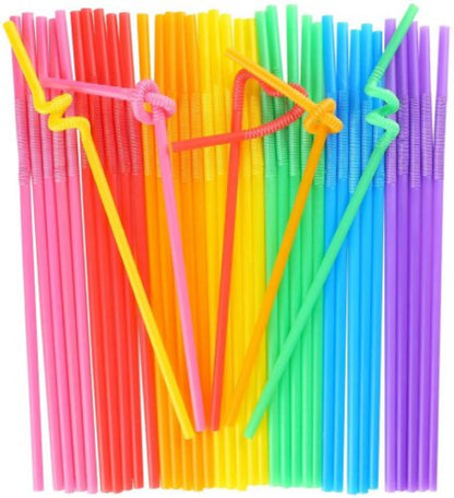 Pack of 100 flexible multi-color plastic drinking straws, fun and disposable jumbo pack for parties and family use