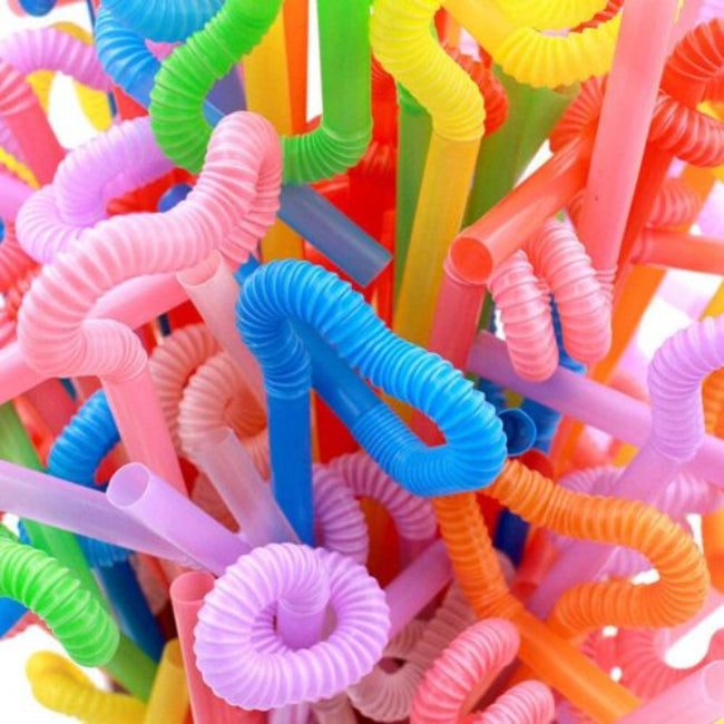 Pack of 100 flexible multi-color plastic drinking straws, fun and disposable jumbo pack for parties and family use