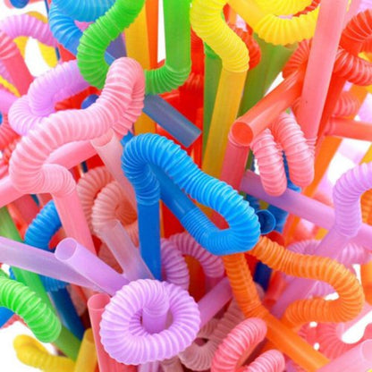 Pack of 100 flexible multi-color plastic drinking straws, fun and disposable jumbo pack for parties and family use