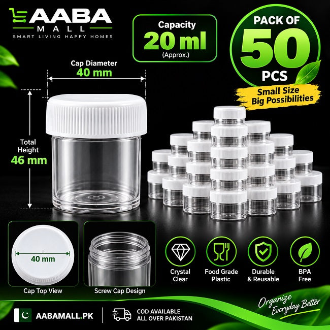 20ML Plastic Storage Containers with Screw Caps | Pack of 50 for Spices, Sauces, Beads, Crafts, Screws & Small Items