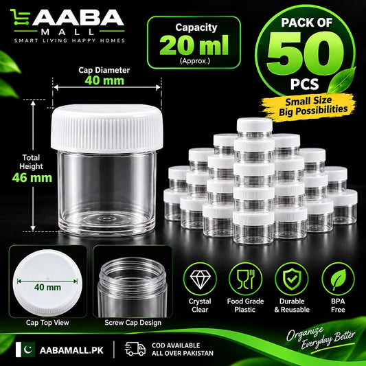 20ML Plastic Storage Containers with Screw Caps | Pack of 50 for Spices, Sauces, Beads, Crafts, Screws & Small Items