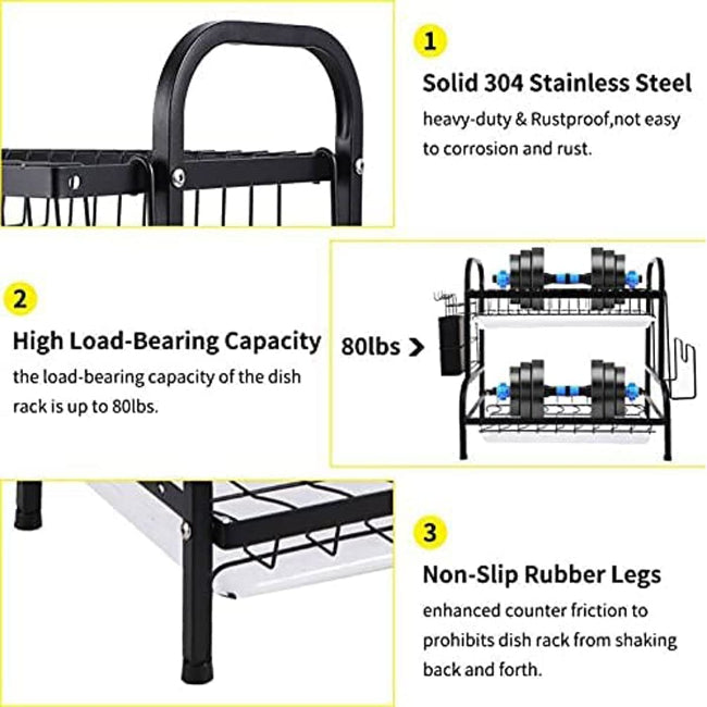 2-Tier over-the-sink dish drying rack, double dish drainer with plate holders, utensil basket, and cutting board holder