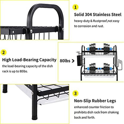 2-Tier over-the-sink dish drying rack, double dish drainer with plate holders, utensil basket, and cutting board holder