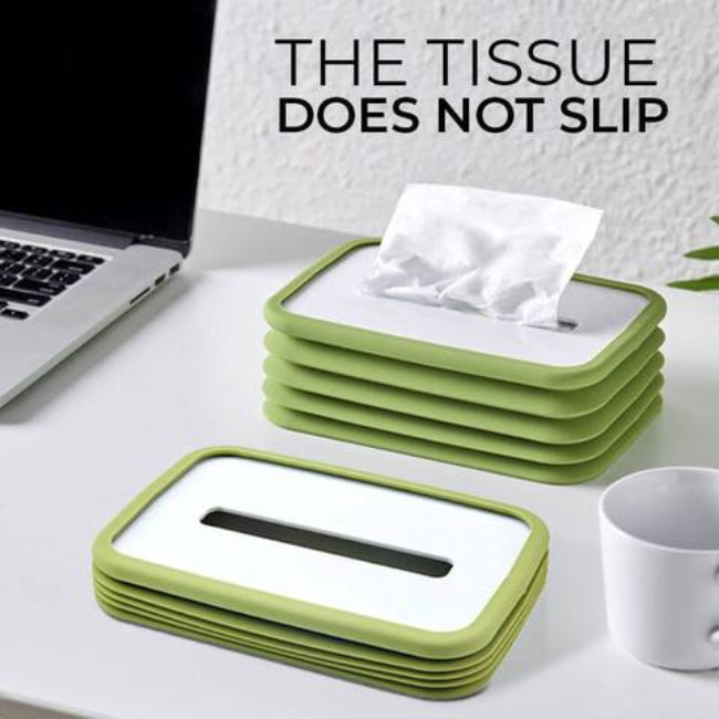 Foldable silicone tissue box holder cover with rectangular elastic lift design, flexible tissue storage for bathroom and office desk