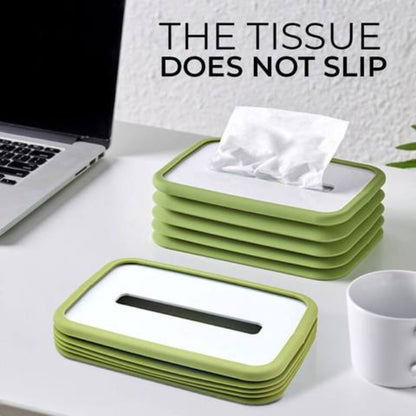 Foldable silicone tissue box holder cover with rectangular elastic lift design, flexible tissue storage for bathroom and office desk