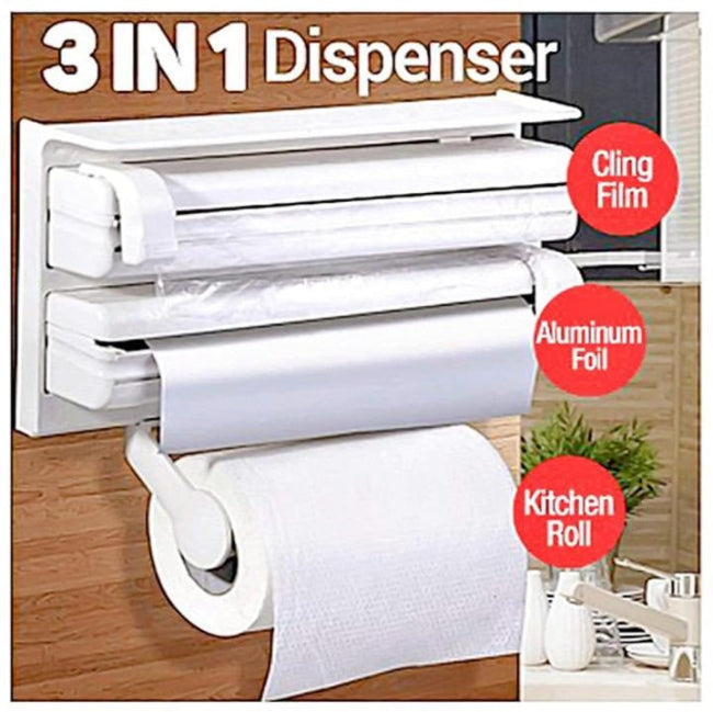 Wall mounted 3-in-1 triple paper dispenser holding kitchen roll, aluminum foil, and cling film with sliding safety cutters