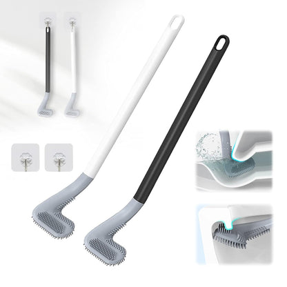 Long handled golf-style silicone toilet brush set, showing the 360-degree flexible brush head reaching under the rim of a toilet
