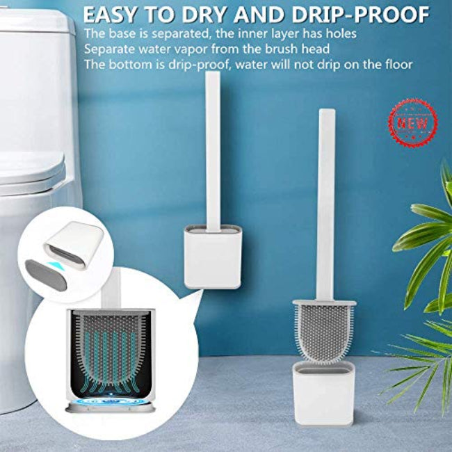 Wall-mounted silicone toilet brush set with drainable holder, soft bristle deep cleaning brush for hygienic bathroom storage