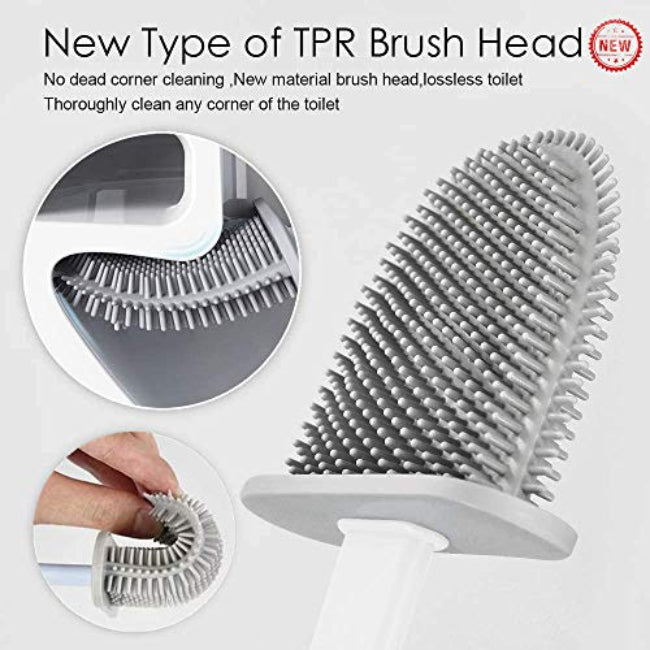 Wall-mounted silicone toilet brush set with drainable holder, soft bristle deep cleaning brush for hygienic bathroom storage