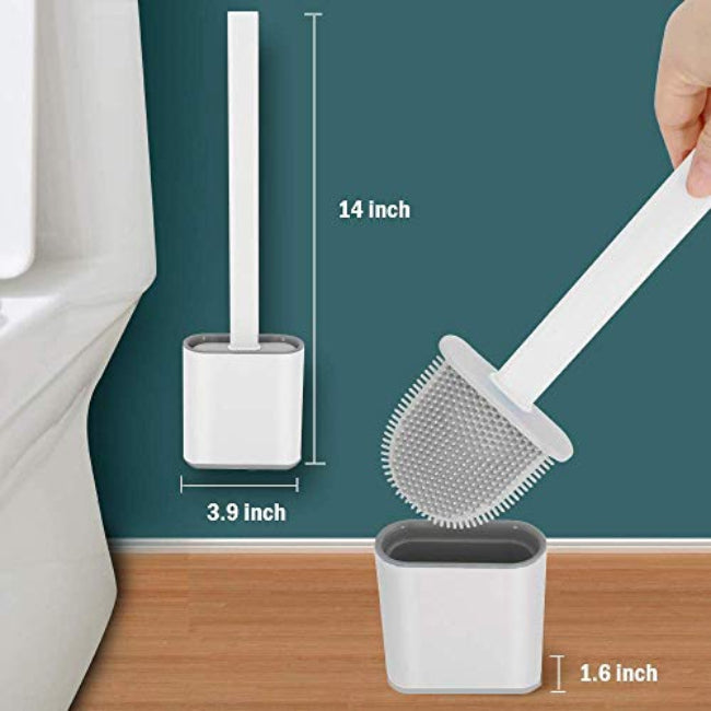 Wall-mounted silicone toilet brush set with drainable holder, soft bristle deep cleaning brush for hygienic bathroom storage