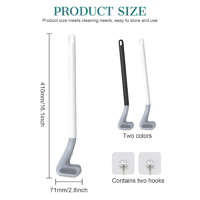 Long handled golf-style silicone toilet brush set, showing the 360-degree flexible brush head reaching under the rim of a toilet