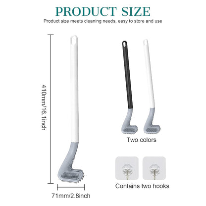 Long handled golf-style silicone toilet brush set, showing the 360-degree flexible brush head reaching under the rim of a toilet