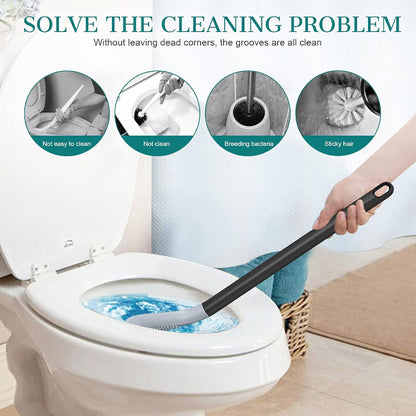 Long handled golf-style silicone toilet brush set, showing the 360-degree flexible brush head reaching under the rim of a toilet
