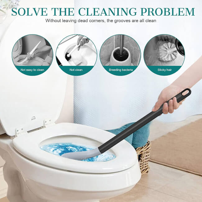 Toilet cleaning brush being used to clean a toilet, with text about solving cleaning problems.