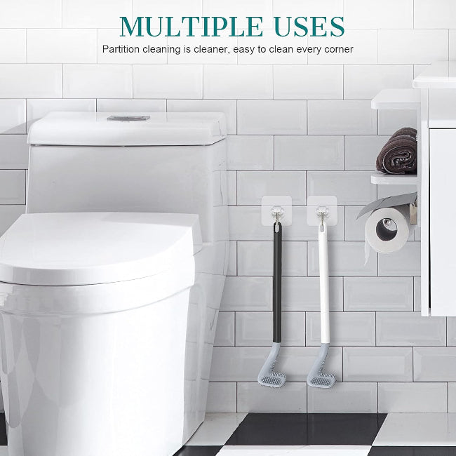 Long handled golf-style silicone toilet brush set, showing the 360-degree flexible brush head reaching under the rim of a toilet